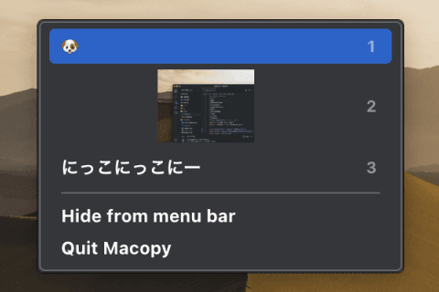 The Macopy popup, showing recent clipboard entries